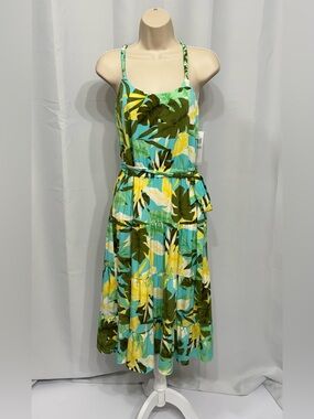 London Times Women’s Green Aqua Tropical Spaghetti Straps Fit & Flare Dress 8P